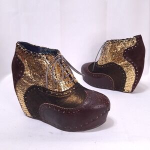 Irregular Choice What An Angel Brown Gold Suede Leather Wedge Booties Sz 6.5